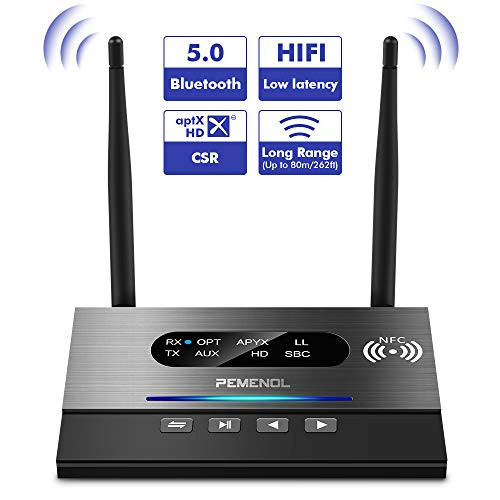 PEMENOL Bluetooth 5.0 Transmitter Receiver 262FT Long Range 3 in 1 Bluetooth Audio Adapter Rechargeable Bluetooth Transmitter for TV Home Car PC with aptX HD & aptX Low Latency, Optical RCA AUX 3.5mm