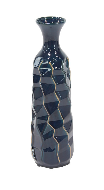 Deco 79 Ceramic Faceted Vase with Gold Accents, 6" x 6" x 21", Blue