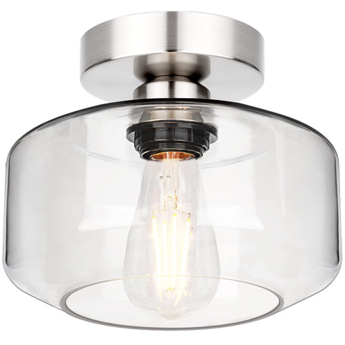 Industrial Semi Flush Mount Ceiling Light Brushed Nickel, 900 Lumen LED Bulb Included, Clear Glass Shade Ceiling Light Fixture, Farmhouse Light Fixture for Hallway Corridor Kitchen Bathroom Bedroom
