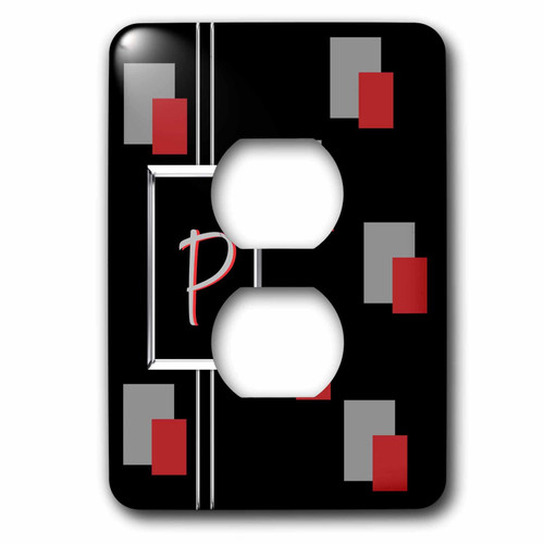 3dRose LSP_215233_6 Modern Geometric Red Square Pattern Monogram Letter P 2 Plug Outlet Cover, Black/Grey