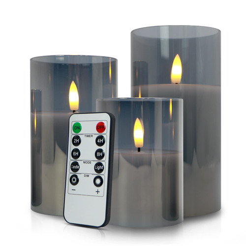 LED Flameless Candles Flickering with Timer & Remote Control, Battery Operated Warm Light LED Gray Glass Candles Gift Set, Set of 3 Pillar Candles of 4" 5" 6" for Party Wedding Christmas Decoration