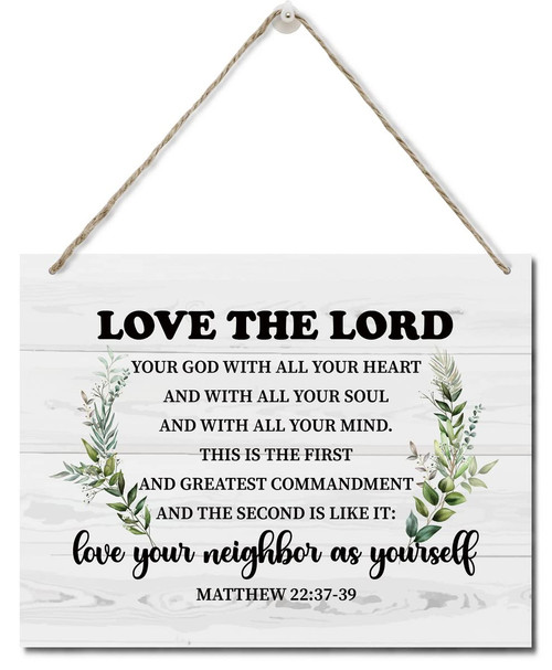 Bible Verse Printed Wood Plaque Sign Wall Hanging, Home Wall Decor Love The Lord Your God Quote Scripture Rustic Hanging Wall Plaque Wood Signs, Matthew 22:37-39 Christian Sign