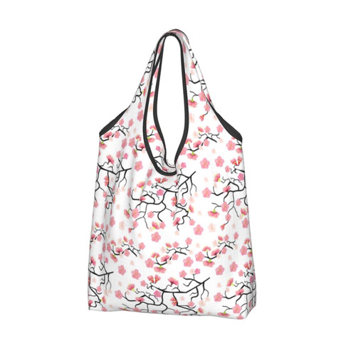HOMETER Cherry Japanese Cherry Blossom Reusable Grocery Bag Large Washable Foldable Eco Friendly Nylon Heavy Duty Fits In Pocket Shopping Tote Bag