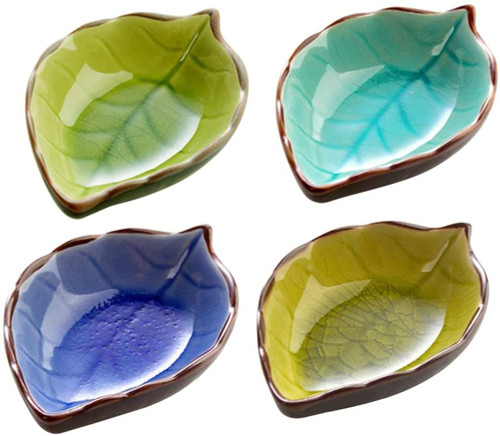 VIXPET 4pcs Ceramic Sauce Dishes Mini Leaf Shape Seasoning Dishes Sushi Dipping Bowl Saucers Bowl Appetizer Plates