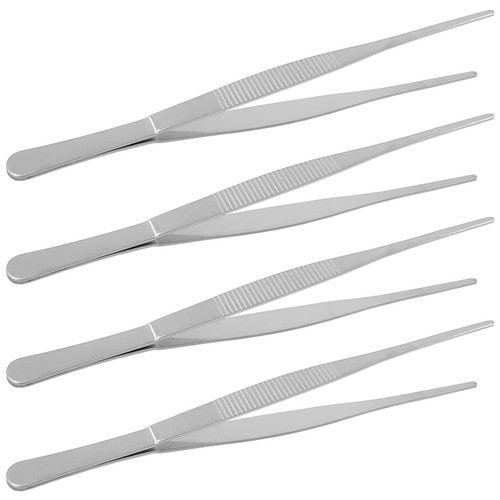 Bonsicoky 4Pcs Stainless Steel Tweezers, Long Tweezers with Precision Serrated Straight Tips, Non-slip Multitool Tweezer for Cooking, Repairing, Medical, Garden