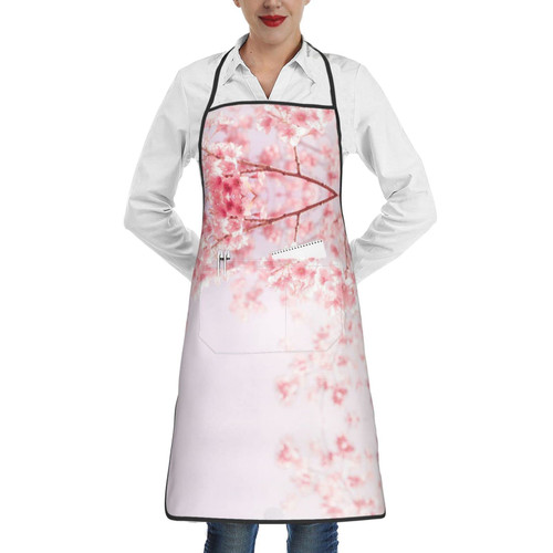 Evealyn Pink Cherry Printed Bib Apron Chef Apron Cooking Aprons Water Drop Resistant Kitchen Aprons With 2 Pockets For Women Men Chef