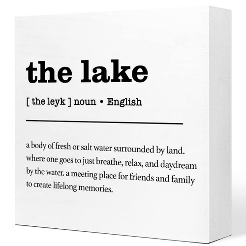 The Lake Definition Rustic Lake Wooden Plaque Sign Desk Decor,Retro Lake Cabin Home Wood Block Sign Desk Decorations for Primitive Country Lake Farmhouse Shelf Table Decor
