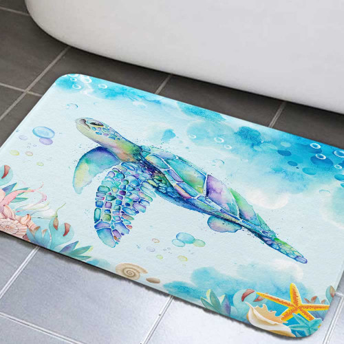Sea Turtle Bathroom Rug, Nautical Turtle Non Slip Bath Mat with Underwater Seashell Bathroom Accessories Shower Mat Marine Animals Blue Ocean Kitchen Rug Non Slip Mat Soft for Toilet Tub RV (17"X29'')