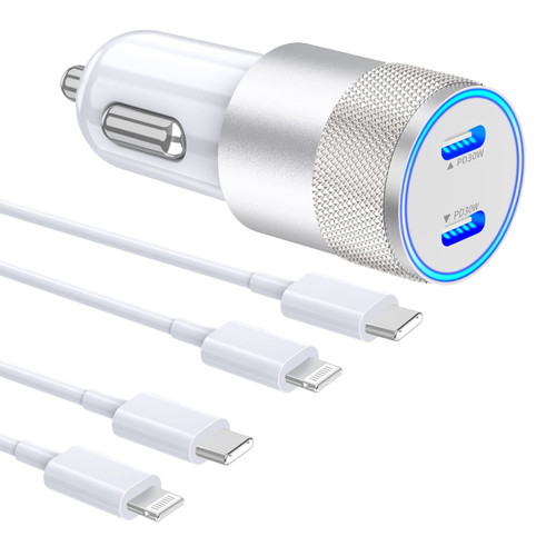 [Apple MFi Certified] iPhone Fast Car Charger, esbeecables 60w Dual-Port PD 3.0 USB C Car Charger PPS Rapid Cigarette Lighter Adapter with 2 Pack Type C to Lightning Cable for iPhone/iPad/AirPods Pro