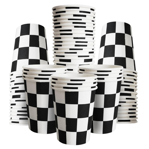 excvalues 100 PCS Checkered Paper Cups 9 oz Black and White Disposable Cup Checkered Race Car Birthday Party Supplies Cups for Racecar Beverage Birthday Decorations (100)