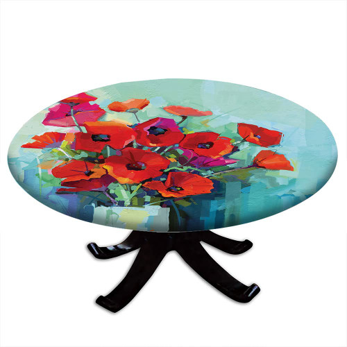 VBTGVE Impressionist Round Fitted Tablecloth, Floral Painting with Colorful Bouquet of Flowers in Vase, Elastic Edge, Suitable for Wedding/Banquet/Restaurant/Party, Fit for 28" Table, Red Teal