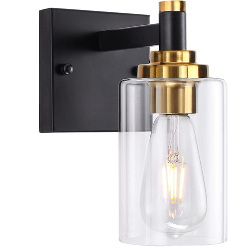 1-Light Wall Sconce Light, Single Bathroom Vanity Light, Farmhouse Black and Gold Bathroom Light Fixtures with Glass Shade, Rustic Wall Lights for Living Room, Bedroom, Hallway, Porch, Bedside, Stair