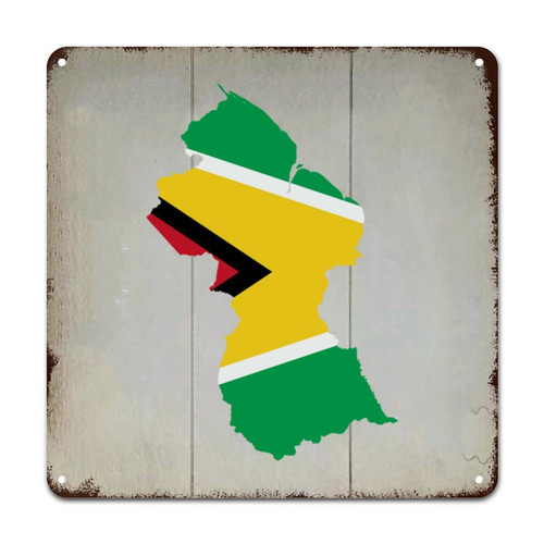 WoGuangis Guyana Flag Metal Tin Sign Guyana Souvenir Gift Vintage Metal Wall Decor National Country Flag Travel Gift Metal Plaque Sign for Living Room Kitchen Porch 15x15in