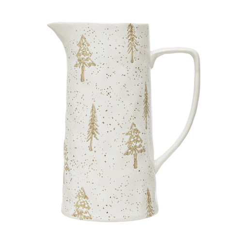 Creative Co-Op Hand-Stamped Stoneware Pitcher with Tree Pattern and Gold Electroplating, White