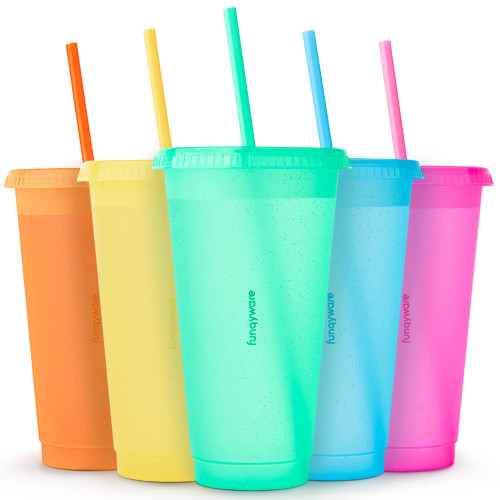 Cups with Lids and Straws for Adults - 5 Glitter Reusable Cups with Lids and Straws in Rainbow Colors, 24 oz Iced Coffee & Bulk Party Tumblers, Plastic Tumbler with Lid and Straw for Water & Smoothie