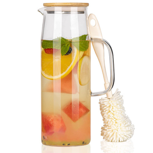 CNNIK 51 Oz Glass Pitcher with Lid Heat Resistant Borosilicate Water Pitcher Glass Carafe Iced Tea Pitcher for Fridge Juice Milk Tea Beverage Cold/Hot Water with Cleaning Brush