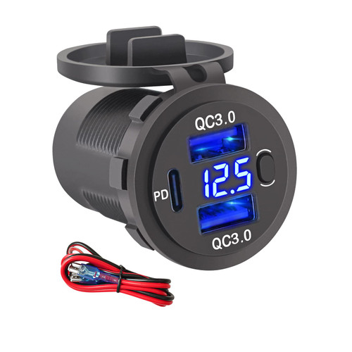 KMORET 12V USB Outlet Dual 18W QC3.0 USB Ports and 20W PD USB C Car Charger Socket with Voltmeter and Switch for Car Boat Marine Truck Golf RV