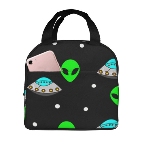 Reusable Lunch Tote Bag Alien Ufo Green Insulated Lunch Bag Durable Cooler Lunch Box