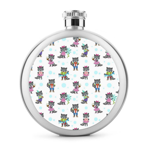 Cute Raccoon with Birthday Cake Stainless Steel Liquor Hip Flask 5OZ For Wine Drink Round Pocket Portable Funny Print