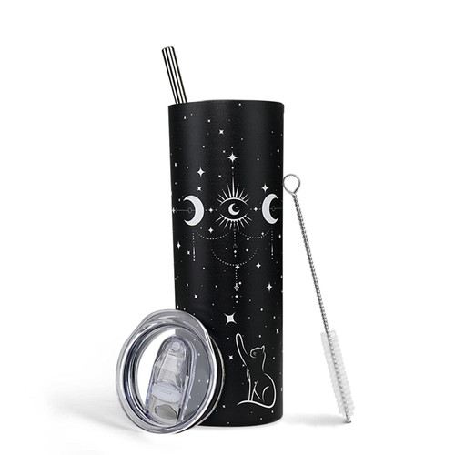 Yuzlin Goth Cat Tumbler With Lid and Straw Stainless Steel 20oz Goth Skinny Tumbler Insulated Cat Cup Water Bottle Coffee Mug Travel Tumbler Cat Lover Gifts for Women
