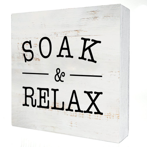 Soak & Relax Wood Box Sign Home Decor Rustic Bathroom Quote Wooden Box Sign Block Plaque for Wall Tabletop Desk Home Bathroom Decoration 5" x 5"