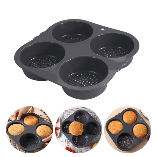UYANGG Silicone Hamburger Bun Mold 4 Cavity Loaf Pan, Mesh Silicone Hamburger Bun Mold for Making Buns, Non Stick Baking Pan Household Silicone Food Baking New Baking Tool (Gray)