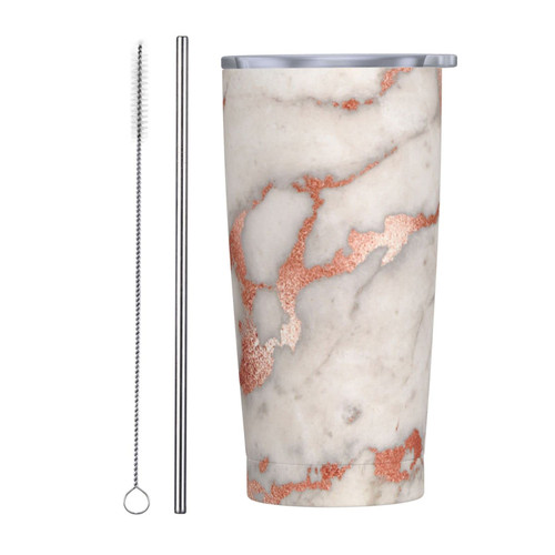 Rose Gold Marble Printed 20 Oz Stainless Steel Tumbler Mug With Lids And Straws Vacuum Insulated Travel Mug Coffee Cups For Cold Hot Drinks