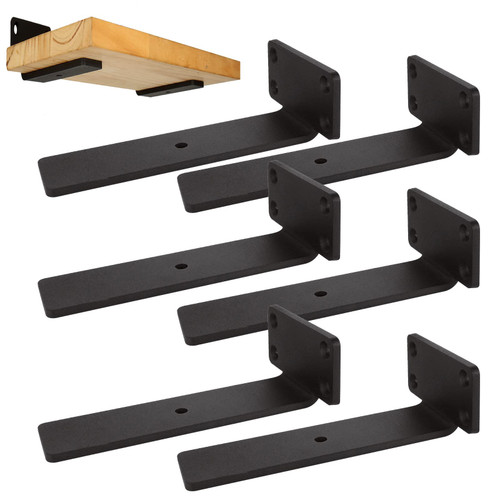 6 Packs Floating Shelf Brackets 6 Inches Black Shelf Bracket Heavy Duty Shelf Brackets 1/5 Inch Thick Floating Shelves Brackets for Shelves Solid Steel Shelves Brackets Hardware