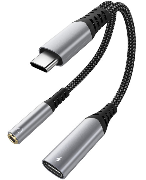 USB Type C to 3.5mm Headphone and Charger Adapter, 2 in 1 USB C Hi-Res DAC Aux Audio Jack and Fast Charging Dongle Cable Compatible with Galaxy S20 Ultra/S20+/S21/S22/Note 20/10, Pixel 3/4/XL, Grey