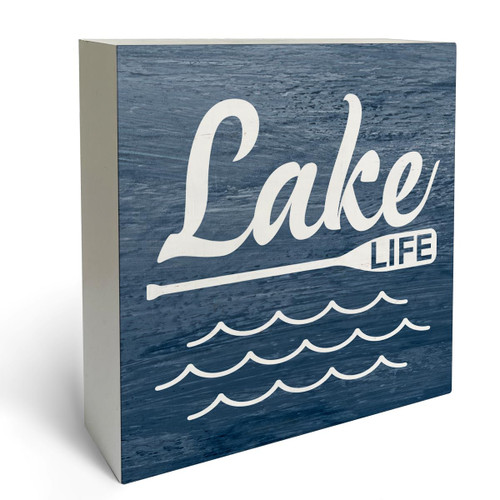 Rustic Farmhouse Style Lake Life Box Sign Wood Desk Sign Decor Blue Color Lake Theme Wooden Block Plaque Box Sign Lake House Cottage Home Decorations (5 x 5 Inches)