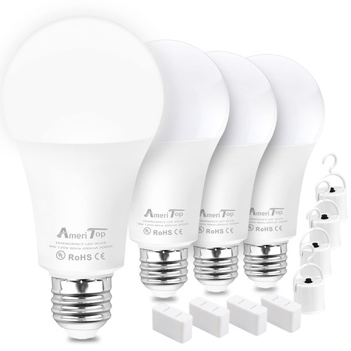 AmeriTop Rechargeable Emergency LED Light Bulb - 4 Pack A19 Battery LED Bulbs for Power Outage Camping Outdoor Activity Hurricane 850 Lm 9W 60W Equivalent E26 Base Lighting Bulb (5000K Daylight)
