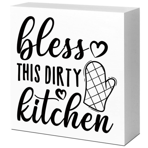 Rustic Bless this Dirty Kitchen Sign Decor,Funny Kitchen Wood Block Signs,Farmhouse Kitchen Wooden Box Sin Decor for Home Kitchen Shelf Counter Desk Table Decor