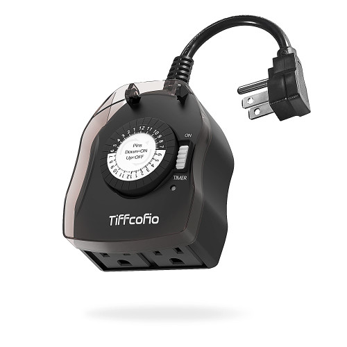 TiFFCOFiO Outdoor Timer Outlet, 24 Hour Mechanical Outdoor Timer for Lights, Outdoor Light Timer Waterproof, 2 Grounded Outlets for Home and Garden, 15A 1/2HP, Heavy Duty, CSA Listed