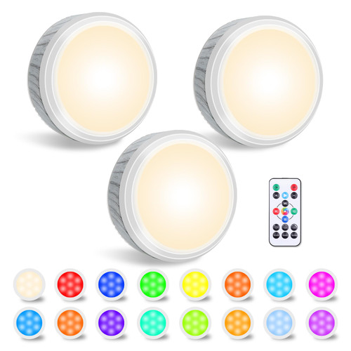 LEASTYLE Puck Lights with Remote, Battery Operated Wireless Closet Lights,16 Colors Changeable Under Cabinet Lighting Stick on Lights, Under Counter Lights for Kitchen (3 Pack 3.12")