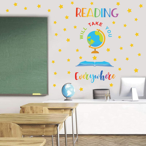 IARTTOP Reading Wall Decals for Classroom Decor?Colorful School Read Books Letters Wall Stickers?Inspiring Saying Reading Will Take You Everywhere Stars Globe Wall Art for School Library Decor