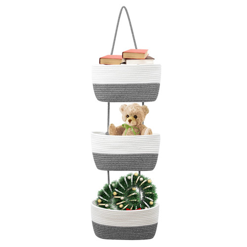 Rumia Over The Door Hanging Basket,3-Tier Wall Hanging Basket Organizer,Hanging Storage Basket,Decorative Hanging Storage Basket for Bathroom-(White & Grey)