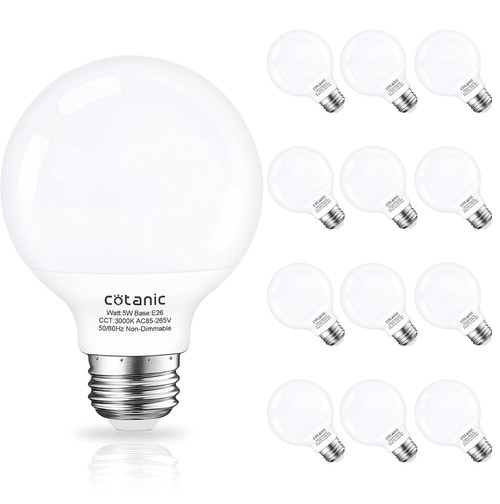 Cotanic 12 Pack G25 LED Vanity Light Bulb 3000K Soft White, Bathroom Round Light Bulb, E26 Standard Base, 5W, 60 Watt Equivalent Incandescent Replacement, 500LM, Non-Dimmable