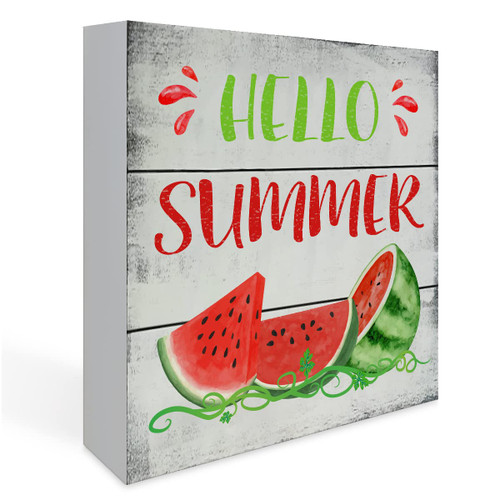 Rustic Summer Watermelon Wood Box Sign, Farmhouse Watermelon Artwork Decor, Summer Watermelons Wood Square Sign Desk Block Signs Summer Home Kitchen Shelf Decoration 5 x 5 Inches