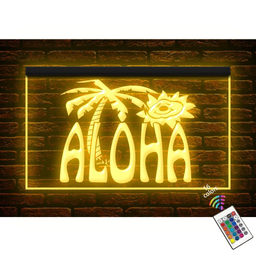 170042 Aloha Hawaiian Hello Plam Tree Sport Shop Store Bar Pub Open Display LED Light Neon Sign (12" X 8", 16 Colors By Remote)