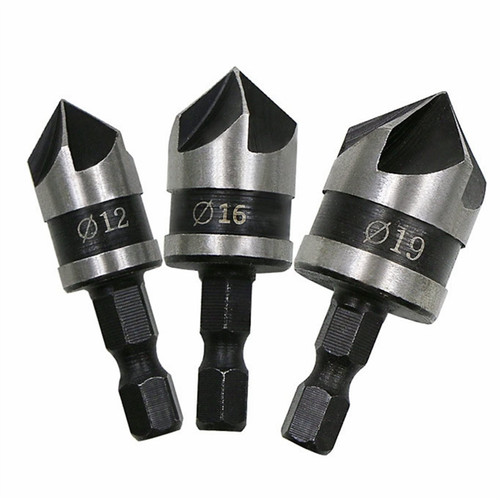 90 Degrees Chamfer Drill Bit Set 12/16/19mm 5 Flute Metal Woodworking Drill Bit Cutter Tools Hex Shank Countersink Drill Bit Set 1Pcs (Color : 12mm)