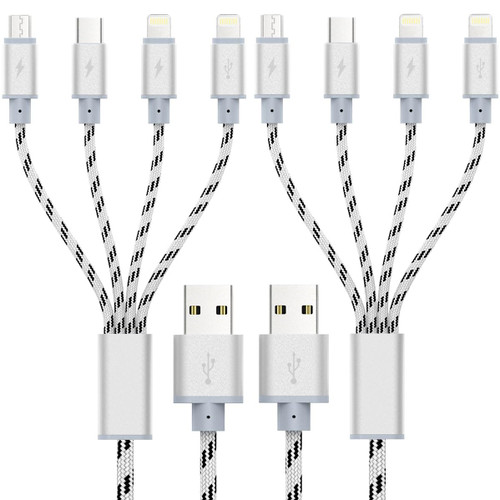 ASICEN Multi Charging Cable 2Pack 1Ft Short Multi Charging Cord Braided 4 in 1 Multiple USB Cable Charger Cable with Lightning/Type C/Micro USB Port for Cell Phone, iPhone, Galaxy, PS, Tablets & More