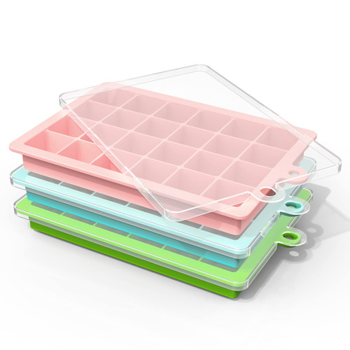 Ice Cube Trays 3 Pack, Silicone Ice Cube trays for Freezer, 24 Cubes per Ice Trays, Cube Trays With Removable Lid, Easy to Remove, Cocktail, Whiskey, Coffee, Chilling Drinks