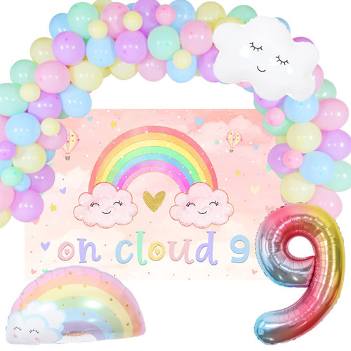 On Cloud 9 Birthday Decoration for Girl - Pastel Macaron Balloon Garland Arch Kit with on Cloud 9 Backdrop, Cloud Foil Balloons, Rainbow Sky Theme Birthday Decorations for 9 Year Old Girl