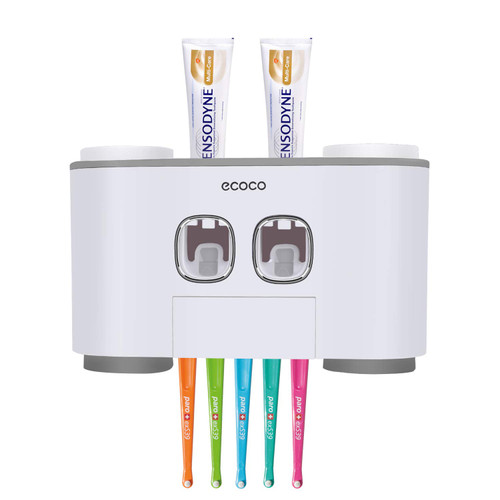 Leseyaton Toothbrush Holder Multifunctional Wall Mounted Toothbrush and Toothpaste Squeezer Kit with 2 Toothpaste Dispenser, 5 Toothbrush Slots, 4 Cups and 1 Storage Compartment Organizer for Bathroom