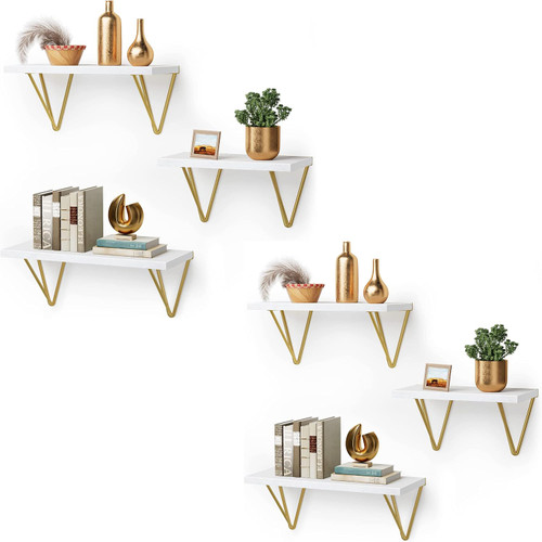 AMADA HOMEFURNISHING Floating Shelves Set of 6, White Wall Shelves for Bedroom, Living Room, Bathroom, Kitchen, Shelves for Wall Decor Set