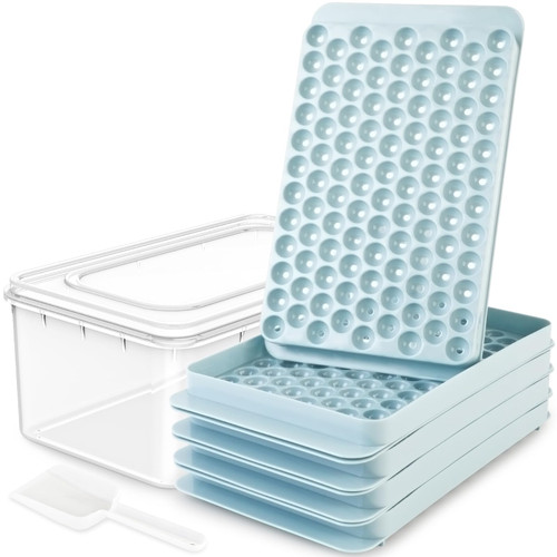 Asddage Mini Ice Cube Trays, 4 Pack Small Ice Cube Trays for Freezer, Easy Release 104x4 PCS Round Ice Cube Mold with Lid and Bin, Circle Ice Cube Tray for Chilling Drinks