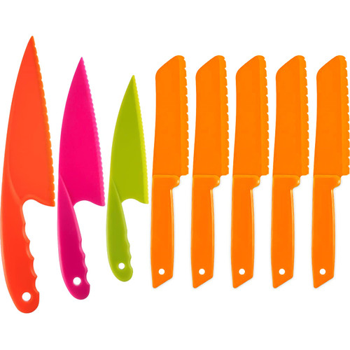 JOVITEC 8 Pieces Kid Plastic Kitchen Knife Set, Children's Safe Cooking Chef Nylon Knives for Fruit, Bread, Cake, Salad, Lettuce Knife (Orange Square Knife)