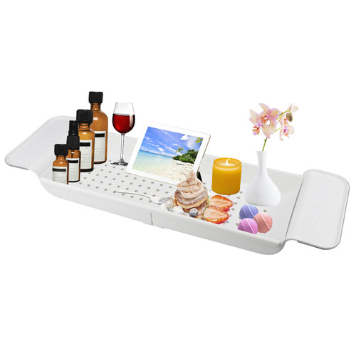 Expandable Drain Bath Shelf Caddy Tray, YOCOMEY Multifunctional Plastic Bathtub Tray Bathroom Organizer Simple Stylish Bathtub Storage Rack for Candle Towel, Book, Wine, Phone, Shower (White)