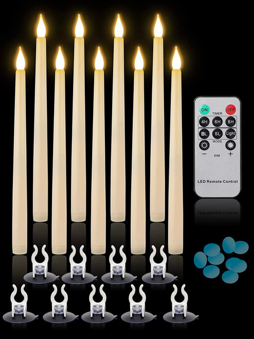 Cosylive Flameless Ivory Taper Candles Flickering with 10-Key Remote, Battery Operated Led Warm 3D Wick Light Window Candles Pack of 9, Christmas Home Wedding Decor