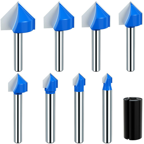 90 Degree V Groove Router Bit Set 1/4 Inch Shank CNC Engraving Bit V Cut Router Bit, 2 Flute Engraving Bit Woodworking Chamfer Bevel Router Bit Tool- 1/4", 5/16", 3/8", 1/2", 5/8", 3/4", 7/8", 1" (8Pcs)